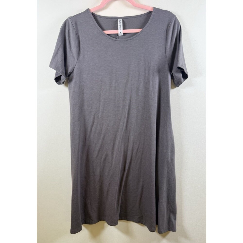 Zenana Premium Womens Gray Solid Scoop Neck Short Sleeve T-Shirt Dress - M